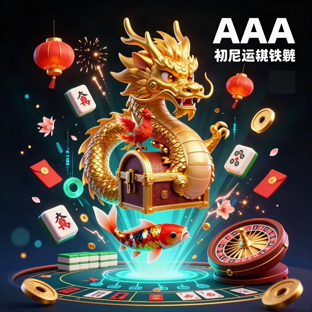 Golden dragon with phoenix and koi amid casino props on a dark neon black background.