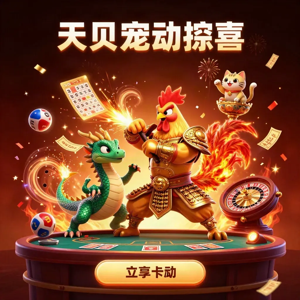 Rooster samurai, dragon hatchling, and fortune cat amid roulette, blackjack, sparks, and gold.
