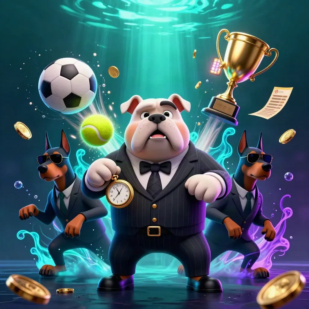 Bulldog boss and Doberman guards amid flying balls, coins, trophy, and stadium lights.