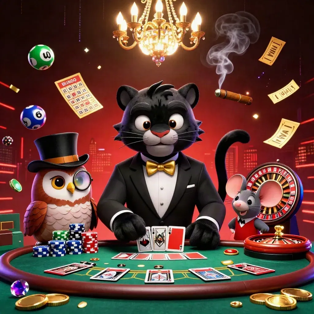 Panther, owl, and mouse in a luxe casino scene with cards, chips, roulette, and glowing lights.