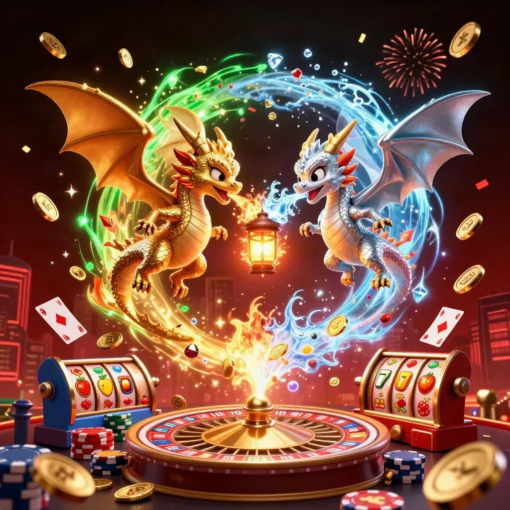 Gold and silver dragons spiral with coins, gems, roulette wheel, cards, chips, and neon casino effects.