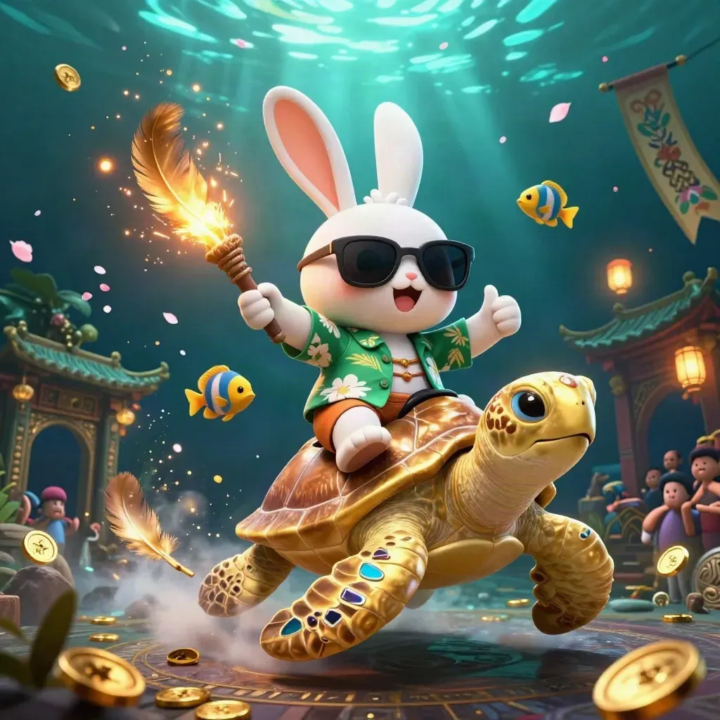 Lucky rabbit rides a golden sea turtle in a glowing underwater casino adventure