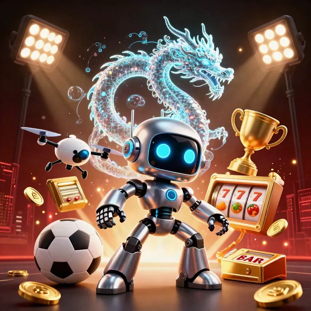Cyberpunk robot, holographic dragon and coin drone amid coins, balls, trophy and neon sparks.
