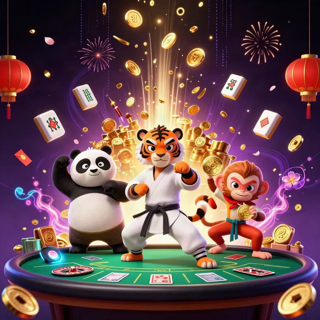 Tiger, panda, and monkey in a neon casino burst with gold coins, roulette, and fireworks.