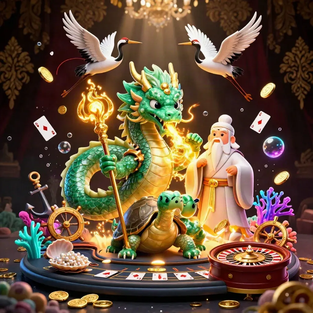 Emerald dragon, turtle sage, and cranes amid casino treasure, roulette, cards, and glowing underwater riches.