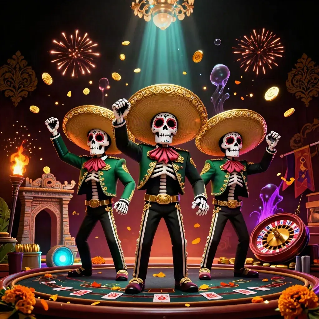 Skeleton mariachi trio with coins, roulette wheel, blackjack table, and casino fireworks.