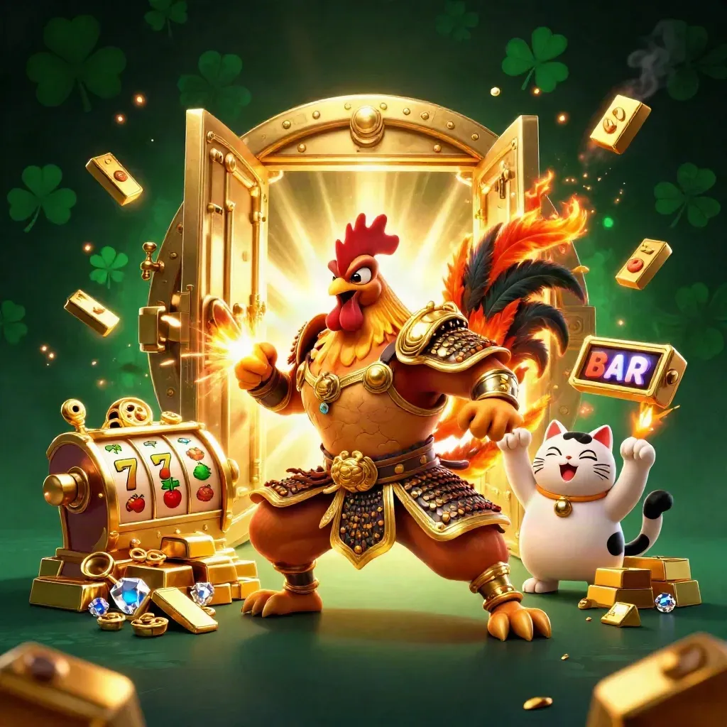 Rooster warrior, dragon hatchling, and fortune-cat amid casino loot and glowing vault door