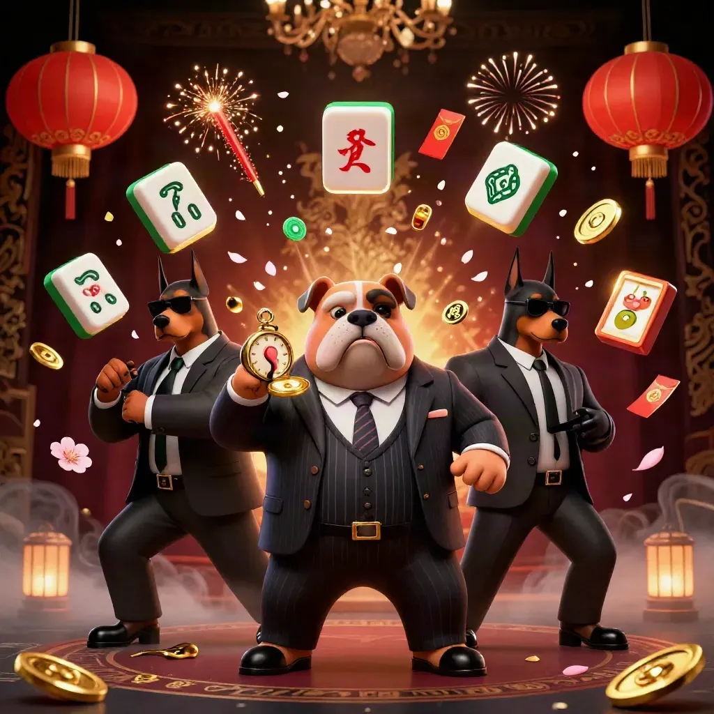 Bulldog mob boss with two Dobermans amid casino symbols and glowing lanterns