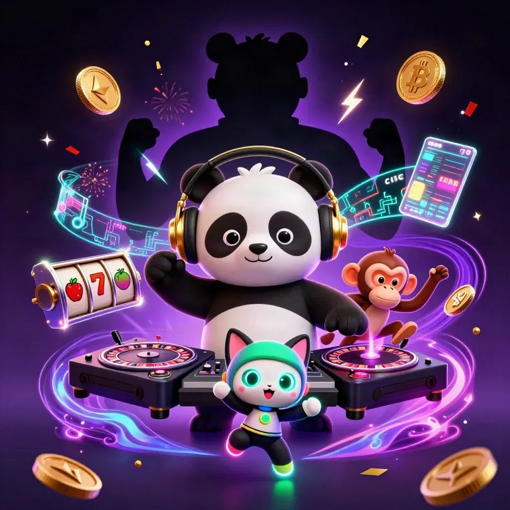 DJ panda, breakdancing monkey, and glow-stick kitten amid neon casino effects.