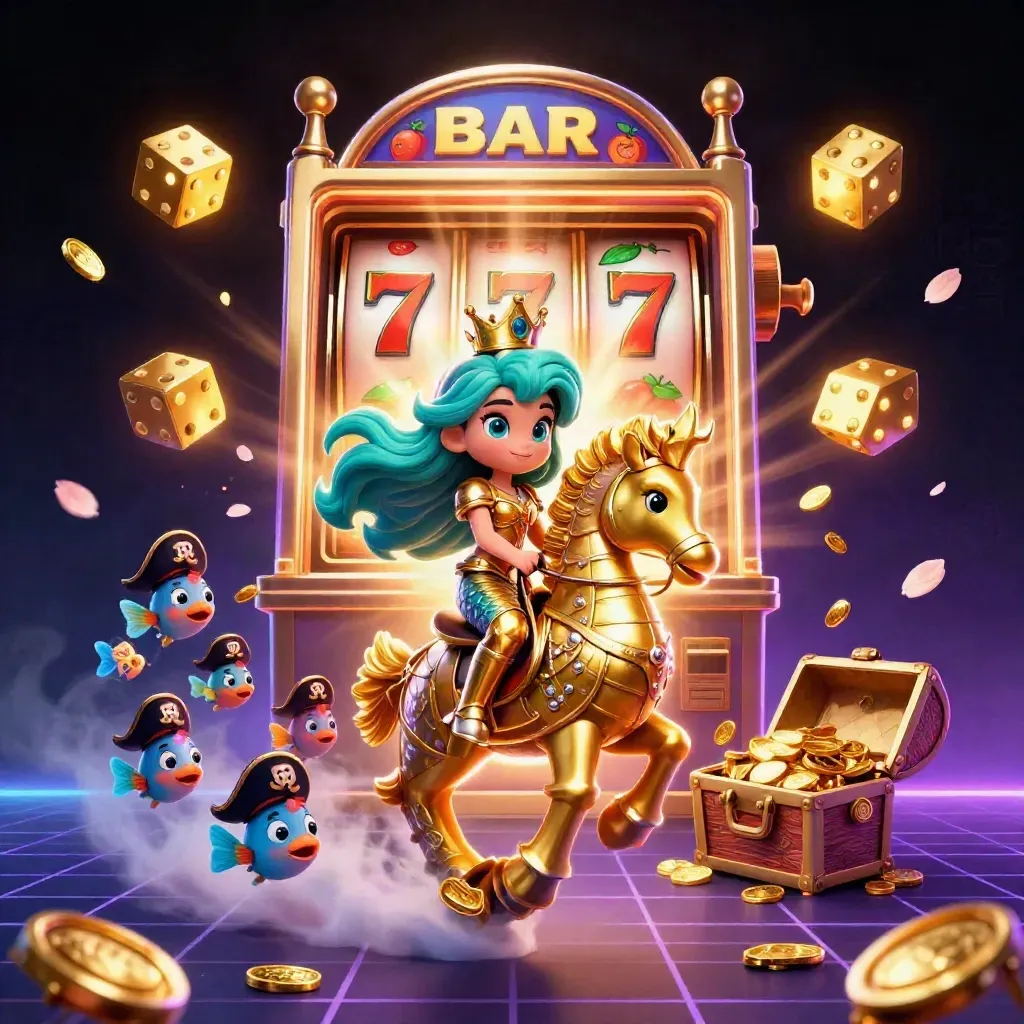 Mermaid princess on golden seahorse amid slot reels, coins, and glowing casino magic.